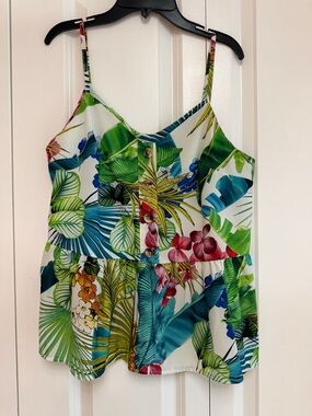 Tropical Print Flowy Tank Top Button Front Peplum Style Size Large